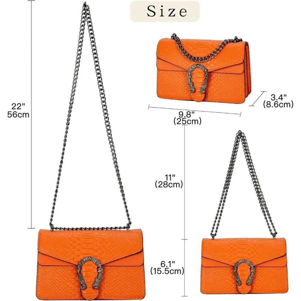 ⚡ Women's Orange Leather Vintage Snake Print Crossbody Square Satchel Handbag